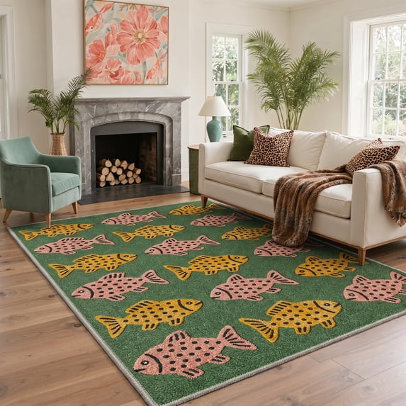 GENIMO 5'x7' Wildlife Inspired Animal Print Area Rug for Living Room, Machine Washable Non Slip Low Pile Rug for Bedroom Dining Room, Moss Green
