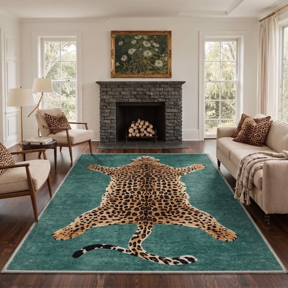 GENIMO 6'x9' Area Rug for Living Room, Washable Non Slip Soft Animal Print Rug for Bedroom Dining Room Home Office, Teal