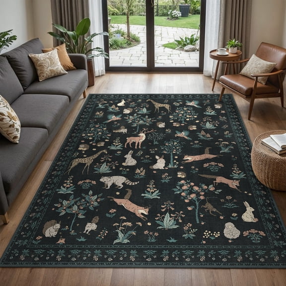 GENIMO 8'x10' Area Rug, Machine Washable Playful Animal Floral Rug with Non Slip Backing for Kids Room, Nursery, Playroom, Black