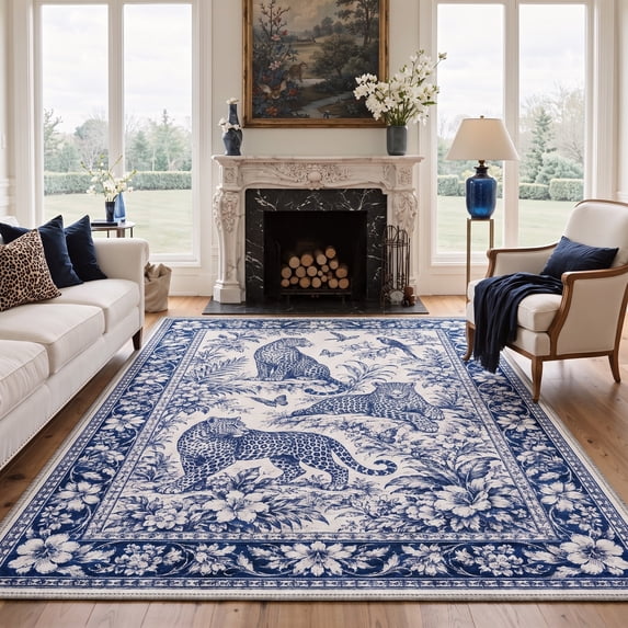 GENIMO 8'x10' Area Rug for Living Room, Large Machine Washable Non Slip Low Pile Rug for Bedroom Dining Room, Abstract Animal Print, China Blue