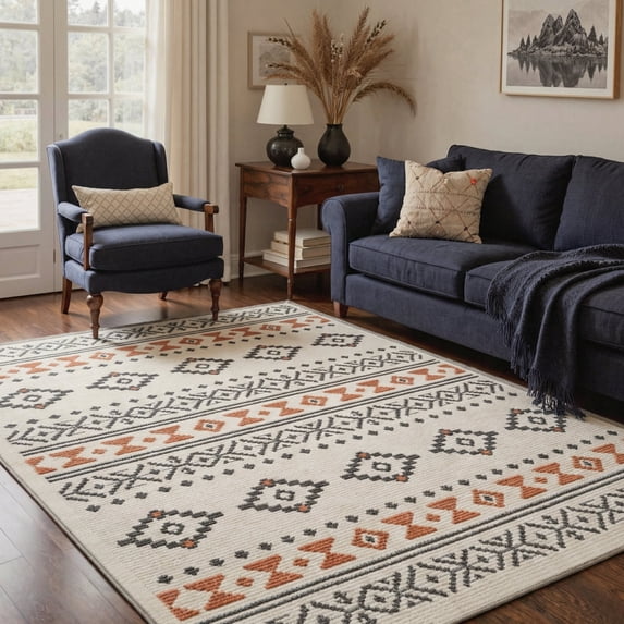 GENIMO 8'x10' Area Rug for Living Room, Large Machine Washable Non Slip Low Pile Rug for Bedroom Dining Room, Boho Bohemian, Warm Terracotta