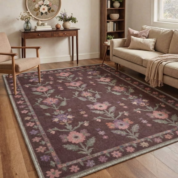 GENIMO 8'x10' Area Rug for Living Room, Large Machine Washable Non Slip Low Pile Rug for Bedroom Dining Room, Classic Floral, Dusty Plum