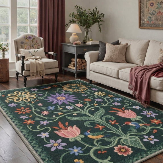 GENIMO 8'x10' Area Rug for Living Room, Large Machine Washable Non Slip Low Pile Rug for Bedroom Dining Room, Classic Floral, Forest Green