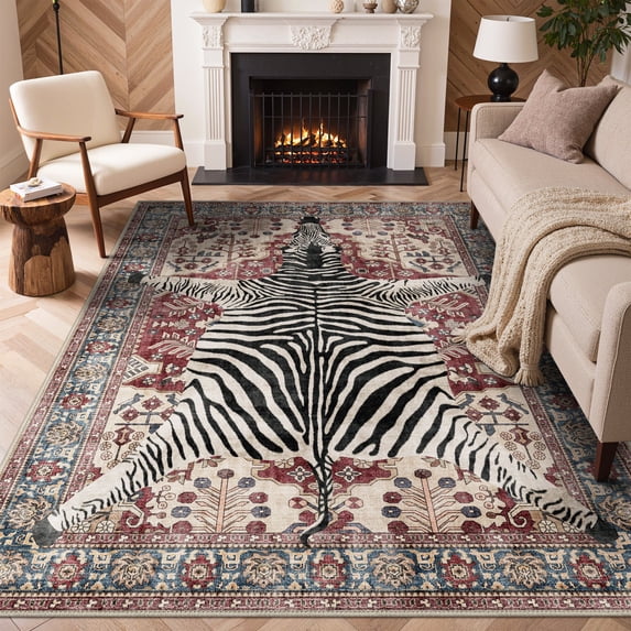 GENIMO 8'x10' Area Rug for Living Room, Large Machine Washable Non Slip Low Pile Rug for Bedroom Dining Room, Soft Animal Print, Dusty Red