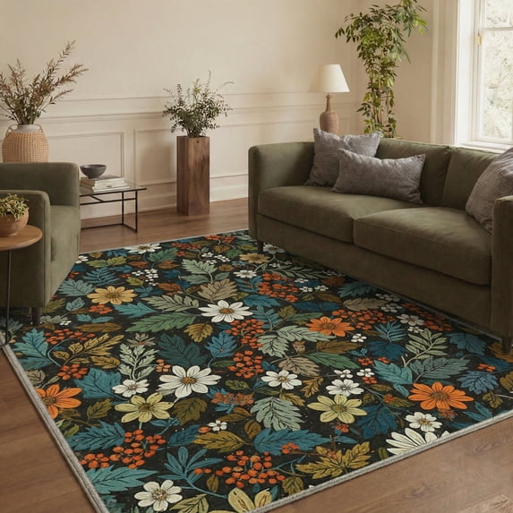 GENIMO 8'x10' Area Rug for Living Room, Large Machine Washable Non Slip Low Pile Rug for Bedroom Dining Room, Soft Floral, Forest Green