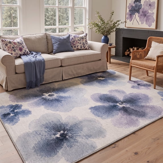 GENIMO 8'x10' Area Rug for Living Room, Large Machine Washable Non Slip Low Pile Rug for Bedroom Dining Room, Soft Floral, INDIGO BLOOM