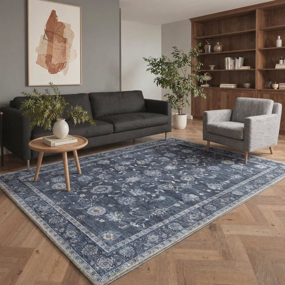 GENIMO 8'x10' Area Rug for Living Room, Large Machine Washable Non Slip Low Pile Rug for Bedroom Dining Room, Timeless Persian, Dusty Navy