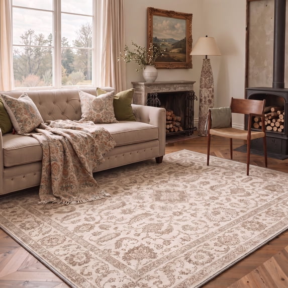 GENIMO 8'x10' Area Rug for Living Room, Large Machine Washable Non Slip Low Pile Rug for Bedroom Dining Room, Vintage Persian, Cream Beige