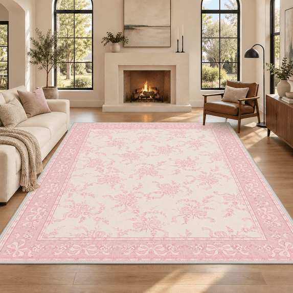 GENIMO 8'x10' Area Rug for Living Room, Washable Non Slip Soft Floral Rug for Bedroom Dining Room Home Office, Blush Pink