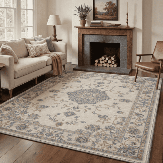 GENIMO 8'x10' Area Rug for Living Room, Washable Non Slip Soft Floral Rug for Bedroom Dining Room Home Office, Dusty Blue Beige