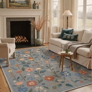 GENIMO 8x10 Area Rug for Living Room, Washable Non Slip Soft Floral Rug for Bedroom Dining Room Home Office, Dusty Blue