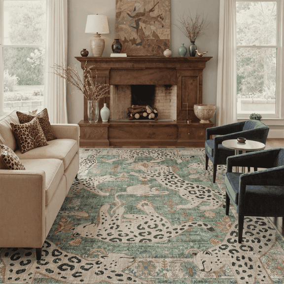 GENIMO 8'x10' Area Rug for Living Room, Washable Non Slip Soft Leopard Print Rug for Bedroom Dining Room Home Office, Dusty Sage