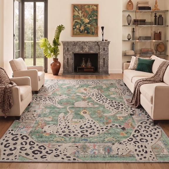 GENIMO 8'x10' Area Rug for Living Room, Washable Non Slip Soft Leopard Print Rug for Bedroom Dining Room Home Office, Dusty Sage
