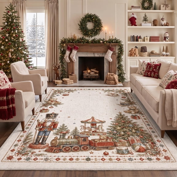 GENIMO 8'x10' Area Rug for Living Room, Washable Non Slip Soft Vintage Christmas Rug for Bedroom Dining Room Home Office, Light Brown