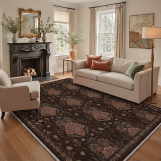 GENIMO 8'x10' Area Rug for Living Room, Washable Non Slip Soft Vintage Floral Rug for Bedroom Dining Room Home Office, Deep Mocha