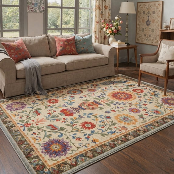 GENIMO 8'x10' Floral Botanical Area Rug for Living Room, Large Machine Washable Non Slip Low Pile Rug for Bedroom Dining Room, Warm Beige