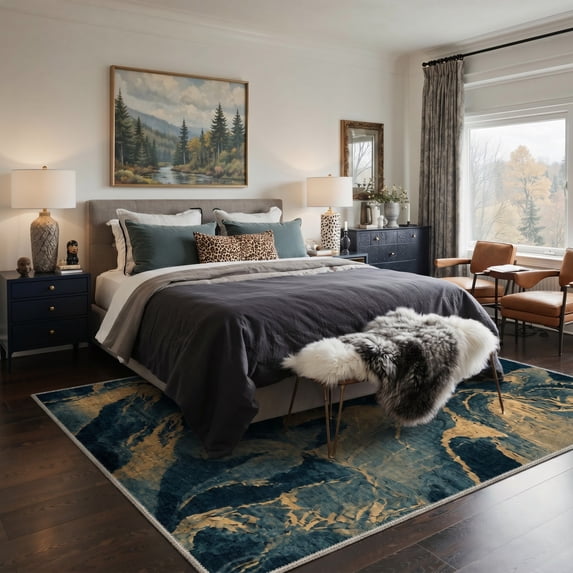 GENIMO 8'x10' Floral Rug for Living Room, Large Machine Washable Non Slip Low Pile Area Rug for Bedroom Dining Room, Gilded Indigo