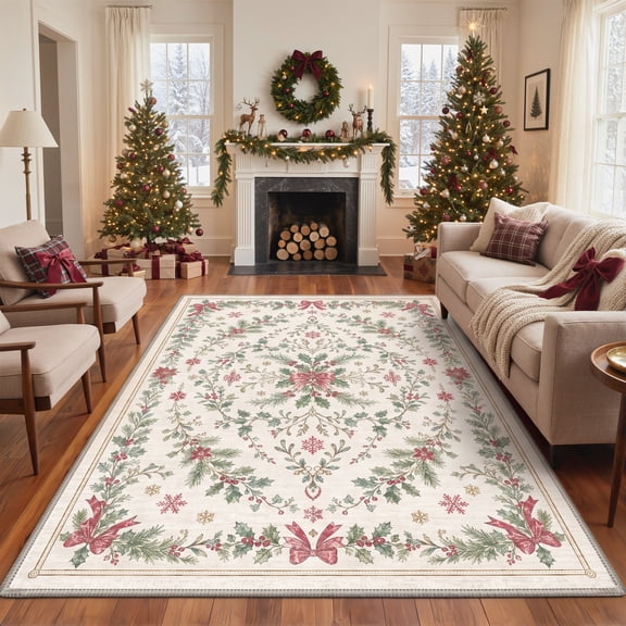 GENIMO 8'x10' Rug for Living Room, Christmas Foliage Washable Area Rug with Non Slip Backing, Low Pile Holiday Rug for Bedroom, Dining Room, Home Office, Sage Berry