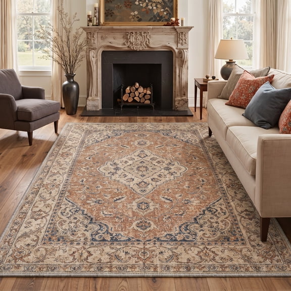 GENIMO 8'x10' Rug for Living Room, Large Machine Washable Non Slip Low Pile Area Rug for Bedroom Dining Room, Traditional Persian Diamond, Terracotta Beige