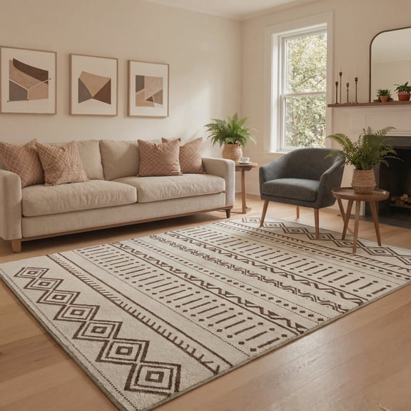 GENIMO 8'x10' Rug for Living Room, Large Machine Washable Non Slip Low Pile Area Rug for Bedroom Dining Room, Boho Chic, Earthy Brown