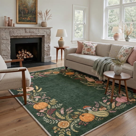 GENIMO 8'x10' Rug for Living Room, Large Machine Washable Non Slip Low Pile Area Rug for Bedroom Dining Room, Garden Floral, TEAL VINE