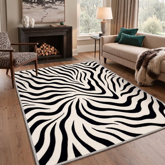 GENIMO 8'x10' Rug for Living Room, Large Machine Washable Non Slip Low Pile Area Rug for Bedroom Dining Room, Modern Animal Print, Ivory Black