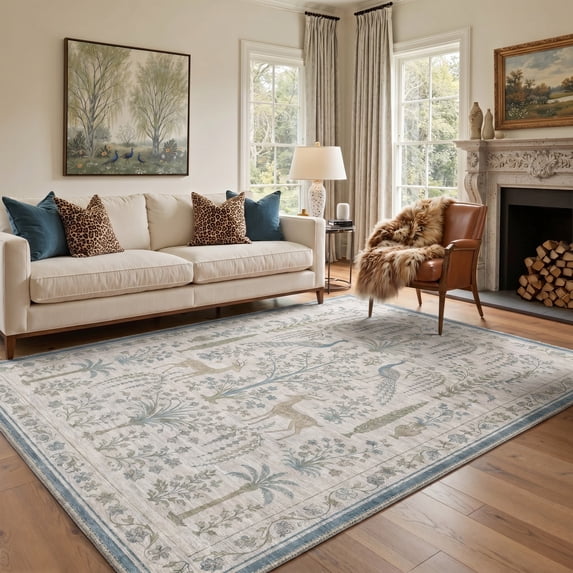 GENIMO 8'x10' Rug for Living Room, Large Machine Washable Non Slip Low Pile Area Rug for Bedroom Dining Room, Muted Persian, Dusty Blue