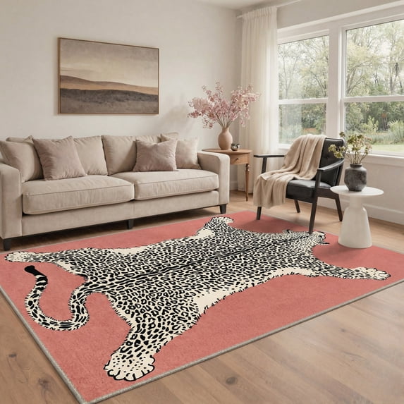GENIMO 8'x10' Rug for Living Room, Large Machine Washable Non Slip Low Pile Area Rug for Bedroom Dining Room, Natural Animal Print, Dusty Rose