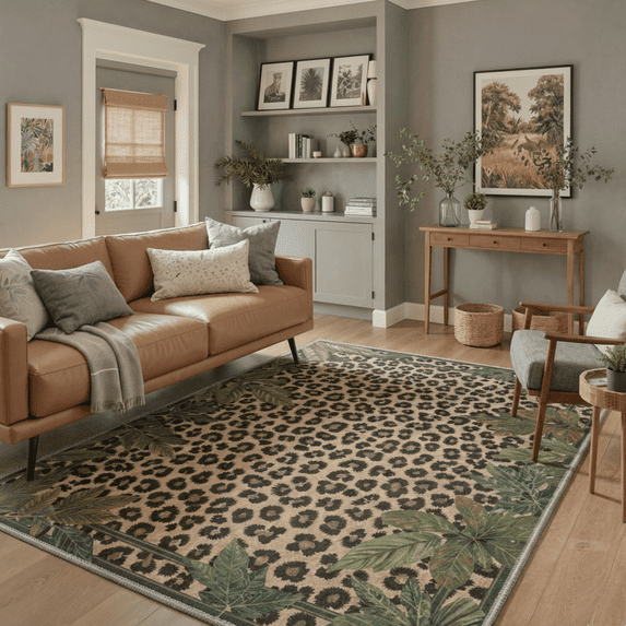 GENIMO 8'x10' Rug for Living Room, Large Machine Washable Non Slip Low Pile Area Rug for Bedroom Dining Room, Neutral Animal Print, Dusty Olive
