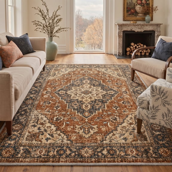 GENIMO 8'x10' Rug for Living Room, Large Machine Washable Non Slip Low Pile Area Rug for Bedroom Dining Room, Traditional Persian Diamond, AMBERBLOOM