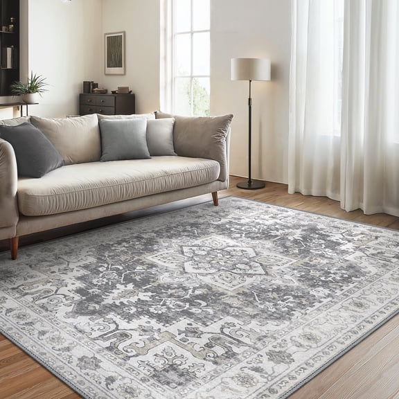 GENIMO 9'x12' Area Rug, Machine Washable Persian Diamond Low Pile Rug with Non Slip Backing for Living Room, Bedroom, Dining Room, Gray