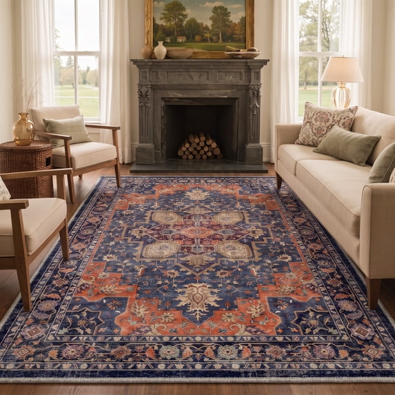 GENIMO 9'x12' Area Rug for Living Room, Washable Non Slip Soft Vintage Persian Rug for Bedroom Dining Room Home Office, Navy Terracotta