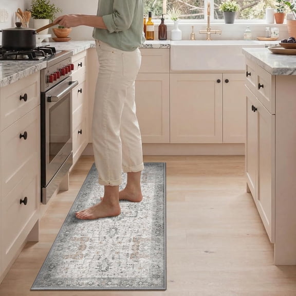 GENIMO Kitchen Rugs Non Slip Washable, 2PCS Kitchen Mats for Floor, Cushioned Standing Mat, Kitchen Runner Rug Floor Mat for Hallway, Laundry, Sink, Entryway, Home, 20"x32"+20"x48", Light Taupe Brown