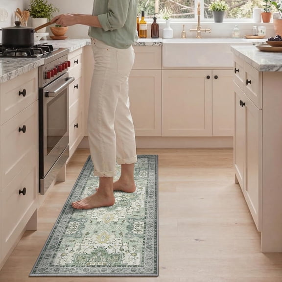 GENIMO Kitchen Rugs Non Slip Washable, 2PCS Kitchen Mats for Floor, Cushioned Standing Mat, Kitchen Runner Rug Floor Mat for Hallway, Laundry, Sink, Entryway, Home, 20"x32"+20"x48", Light Green