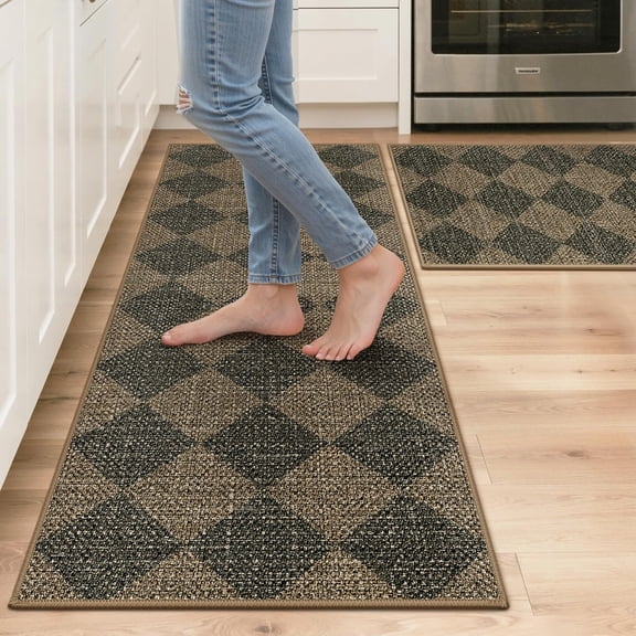 GENIMO Kitchen Rugs Non Slip Washable, Absorbent Kitchen Mats for Floor, Cushioned Comfort Standing Kitchen Runner Rug for Sink, Office, Laundry, Entryway, Home, 17.3"x47"+17.3"x30", Brown Diamond