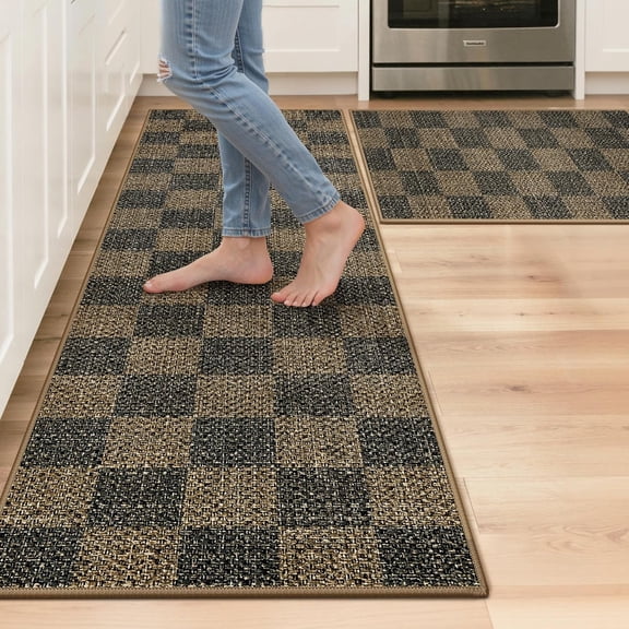 GENIMO Kitchen Rugs Non Slip Washable, Absorbent Kitchen Mats for Floor, Cushioned Comfort Standing Kitchen Runner Rug for Sink, Office, Laundry, Entryway, Home, 17.3"x59"+17.3"x30", Brown Checkered