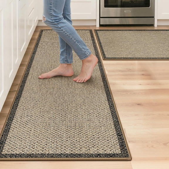 GENIMO Kitchen Rugs Non Slip Washable, Absorbent Kitchen Mats for Floor, Cushioned Comfort Standing Kitchen Runner Rug for Sink, Office, Laundry, Entryway, Home, 17.3"x59"+17.3"x30", Beige Border