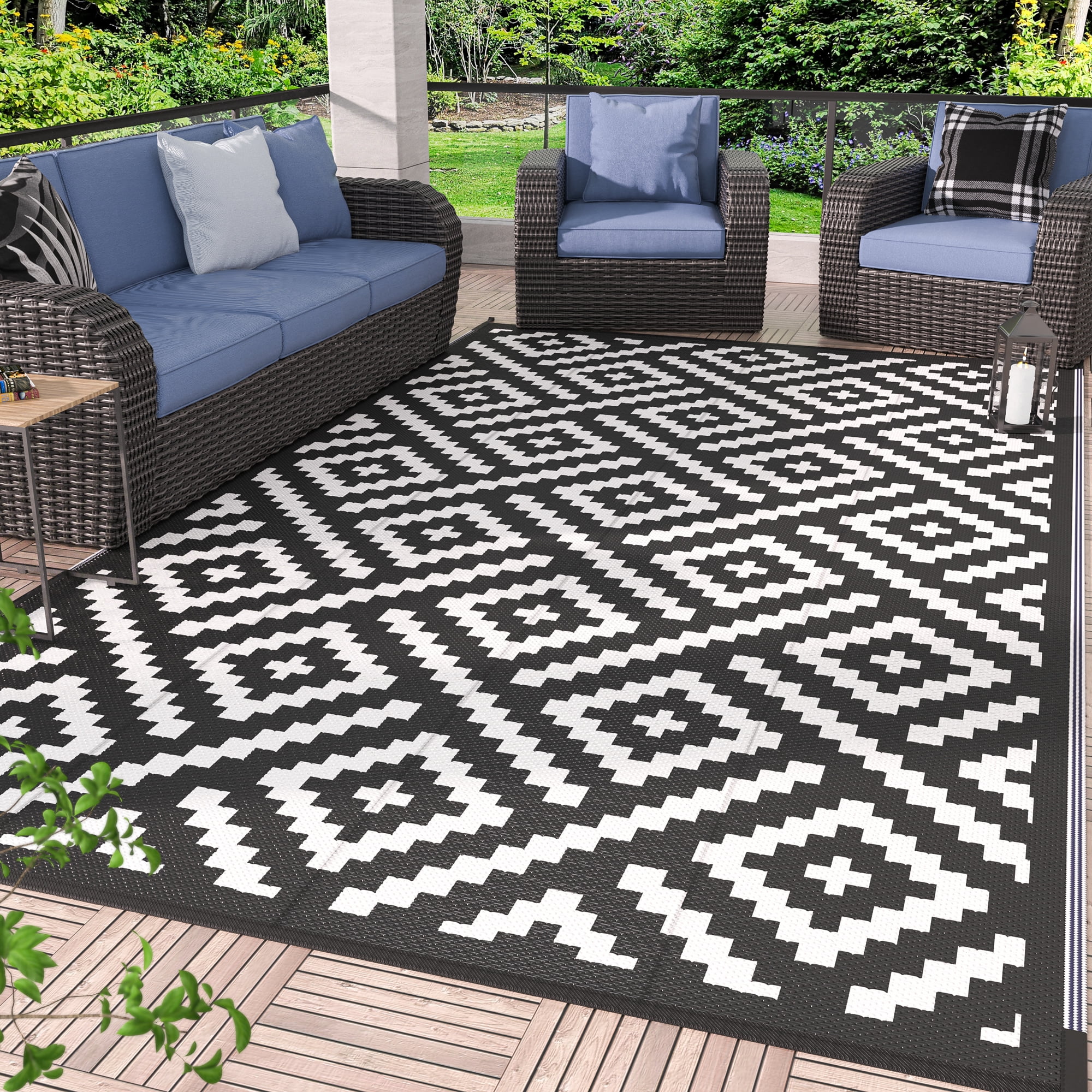 GENIMO Outdoor Rug Patio Clearance 9'x12' Waterproof Mat Reversible Plastic Camping Black