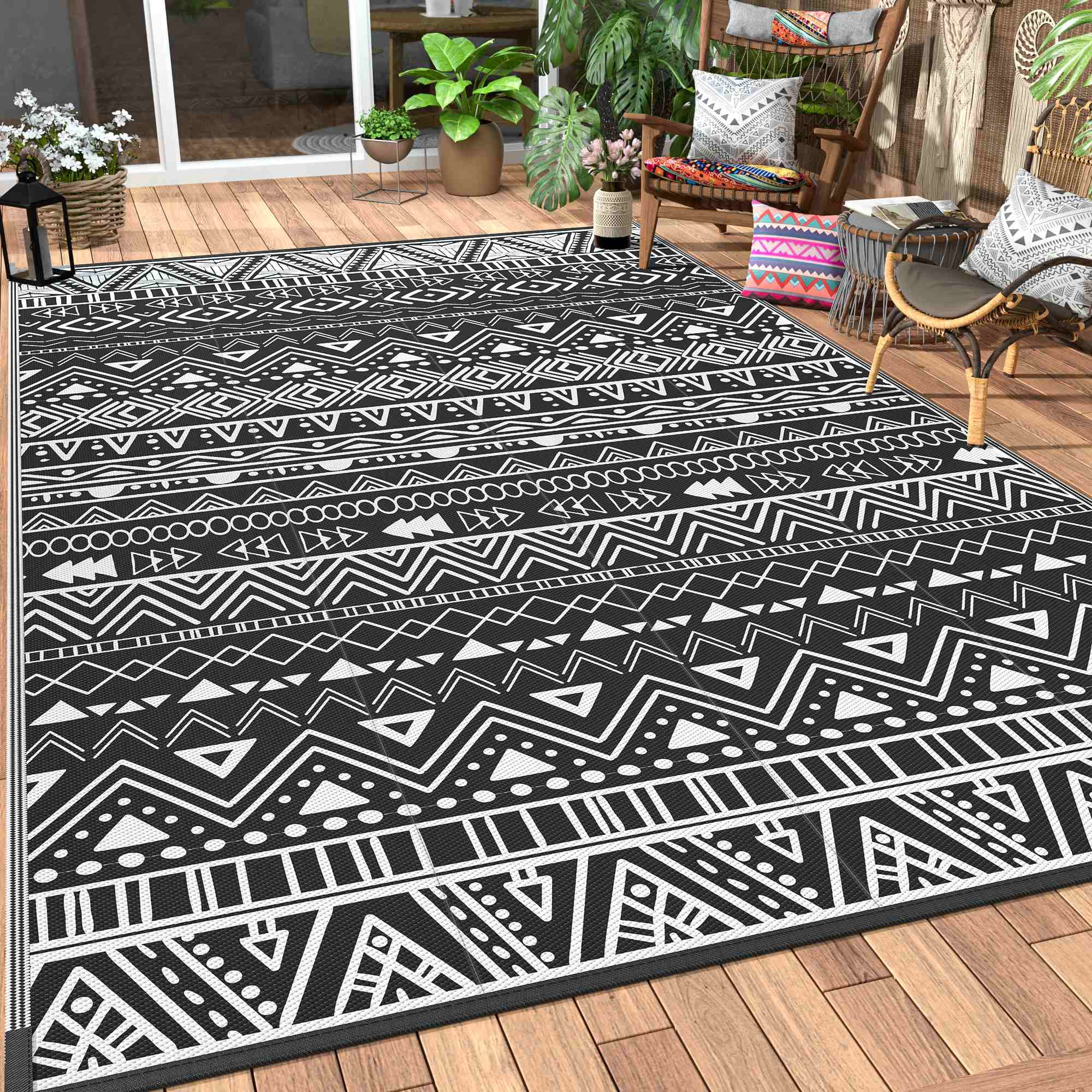 GENIMO Outdoor Rugs 8'x 10' Reversible Plastic Straw Patios Clearance Carpet Camping RV Black