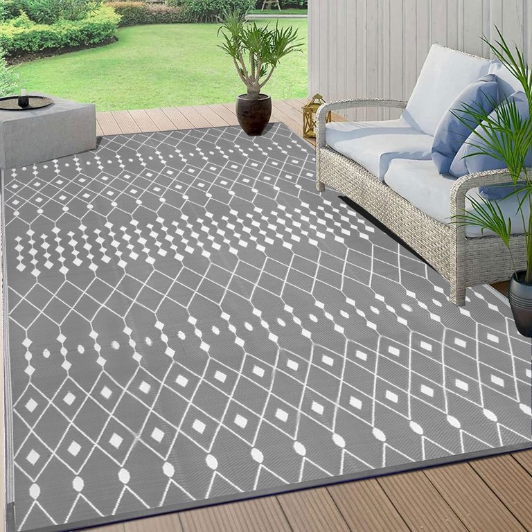 DEORAB 6'x9' Outdoor Rug for Patio Clearance,Reversible Straw Plastic  Waterproof Area Rugs,Clearance Mat,Rv,Camping,Black & Gray 