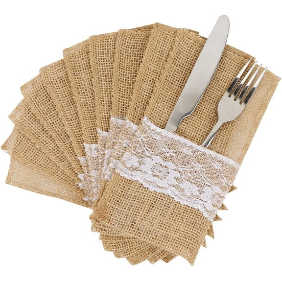 GENISMEI 10PCS Wedding Natural Burlap Lace Utensil Holders Pouch Burlap Silverware Cutlery Pouch Tableware Holder Bag for Rustic Wedding Bridal Shower Decorations