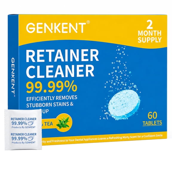 GENKENT Retainer Cleanser for Mouth Guards, Fresh Mint Tea Orthodontic Braces, and Denture Stains Clean & Remove, 60 Tablets