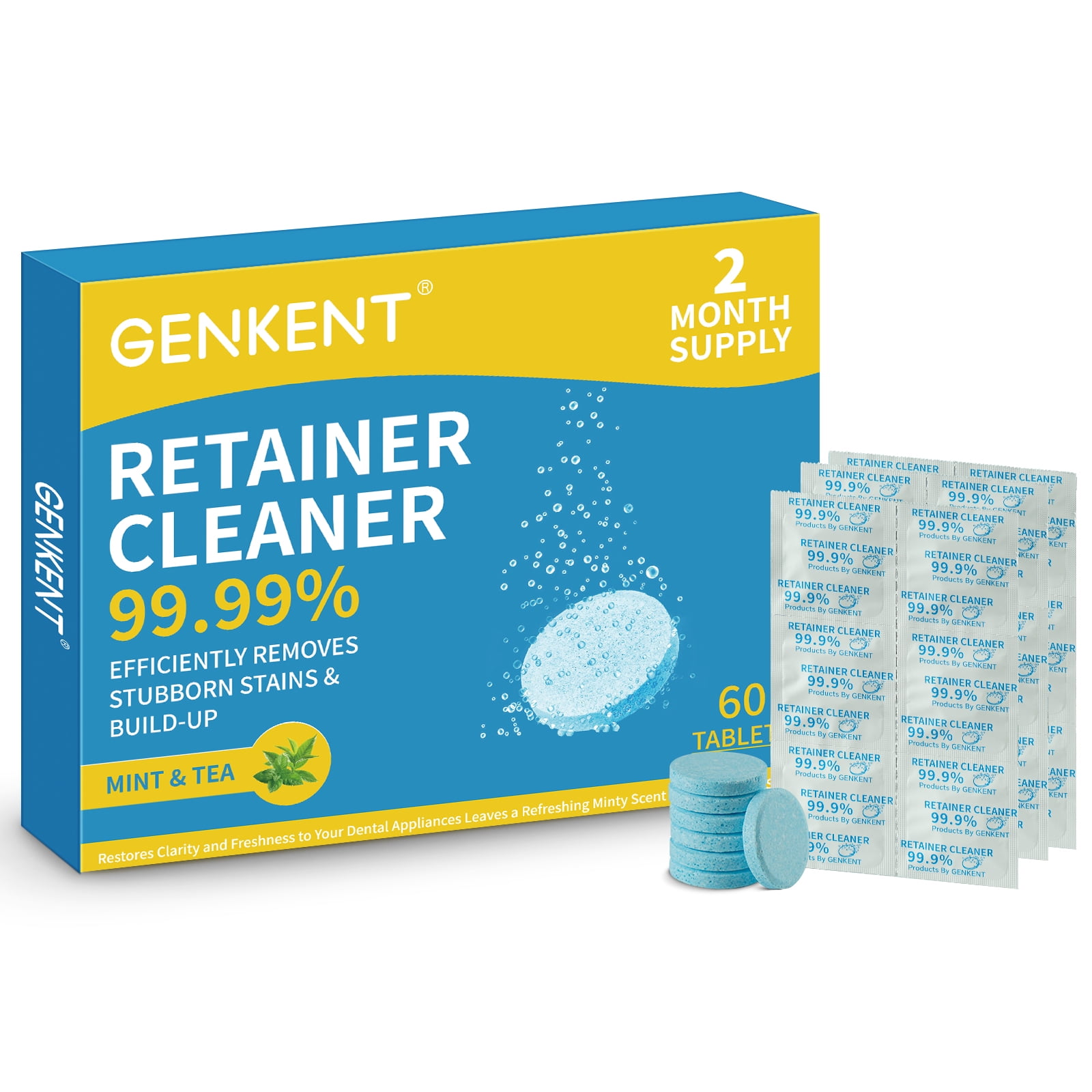 GENKENT Retainer Cleanser for Mouth Guards, Fresh Mint Tea Orthodontic Braces, and Denture Stains Clean & Remove, 60 Tablets