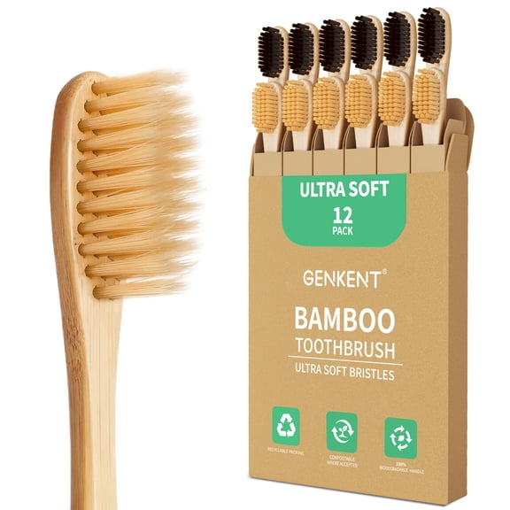 GENKENT Bamboo Toothbrush, 12 Pack Ultra Soft Bristles BPA Free Wooden Toothbrush with Individual Wrapped, Eco-Friendly Manual Toothbrush for Adult
