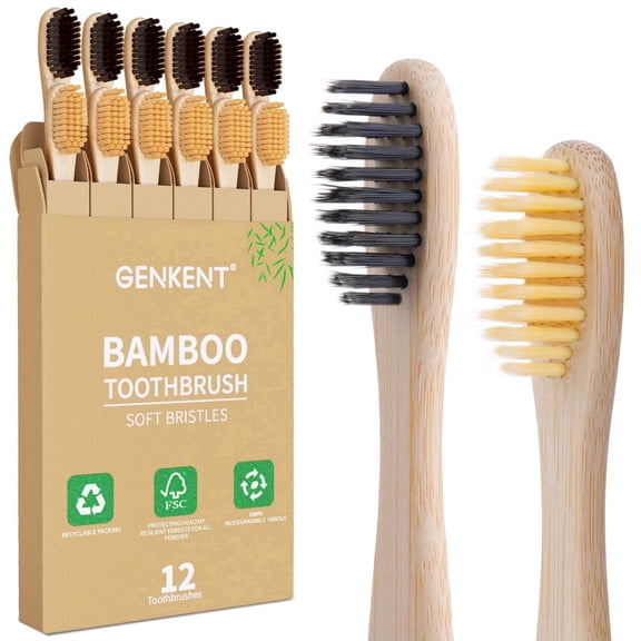 GENKENT Bamboo Toothbrushes, 12 Pack BPA Free Soft Bristles Toothbrushes On-The-Go with Individually Wrapped, Eco-Friendly, Natural, Compostable Wooden Toothbrushes