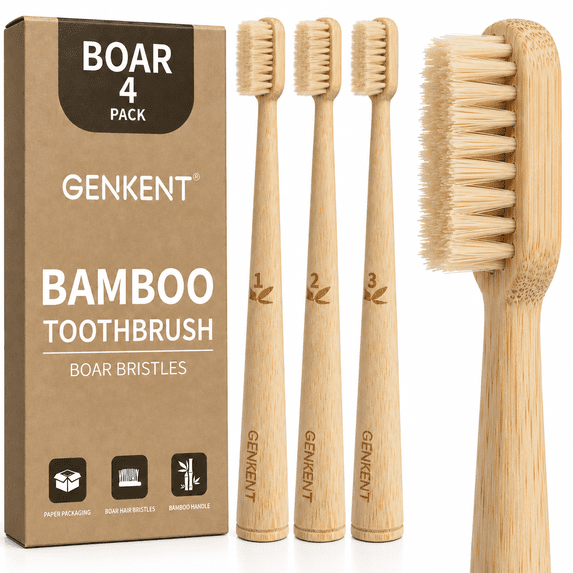 GENKENT Boar Bristle Bamboo Toothbrush, 4 Pack BPA-Free and Plastic-Free Firm Bristles Manual Toothbrush, Numbered Handles with Stand-Up Base Toothbrush for Adults