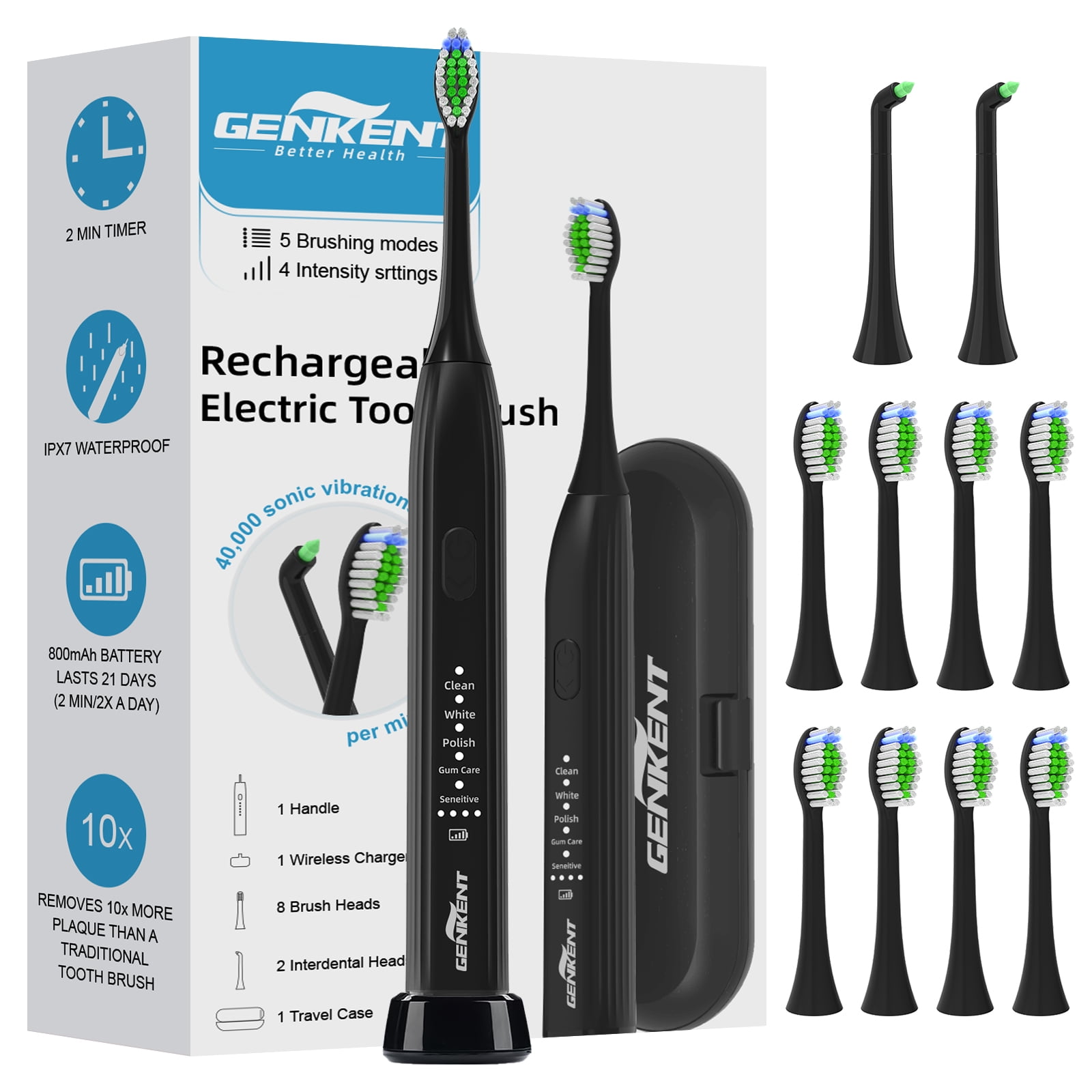 GENKENT Electric Toothbrush for Adults, Ultrasonic Rechargeable Sonic