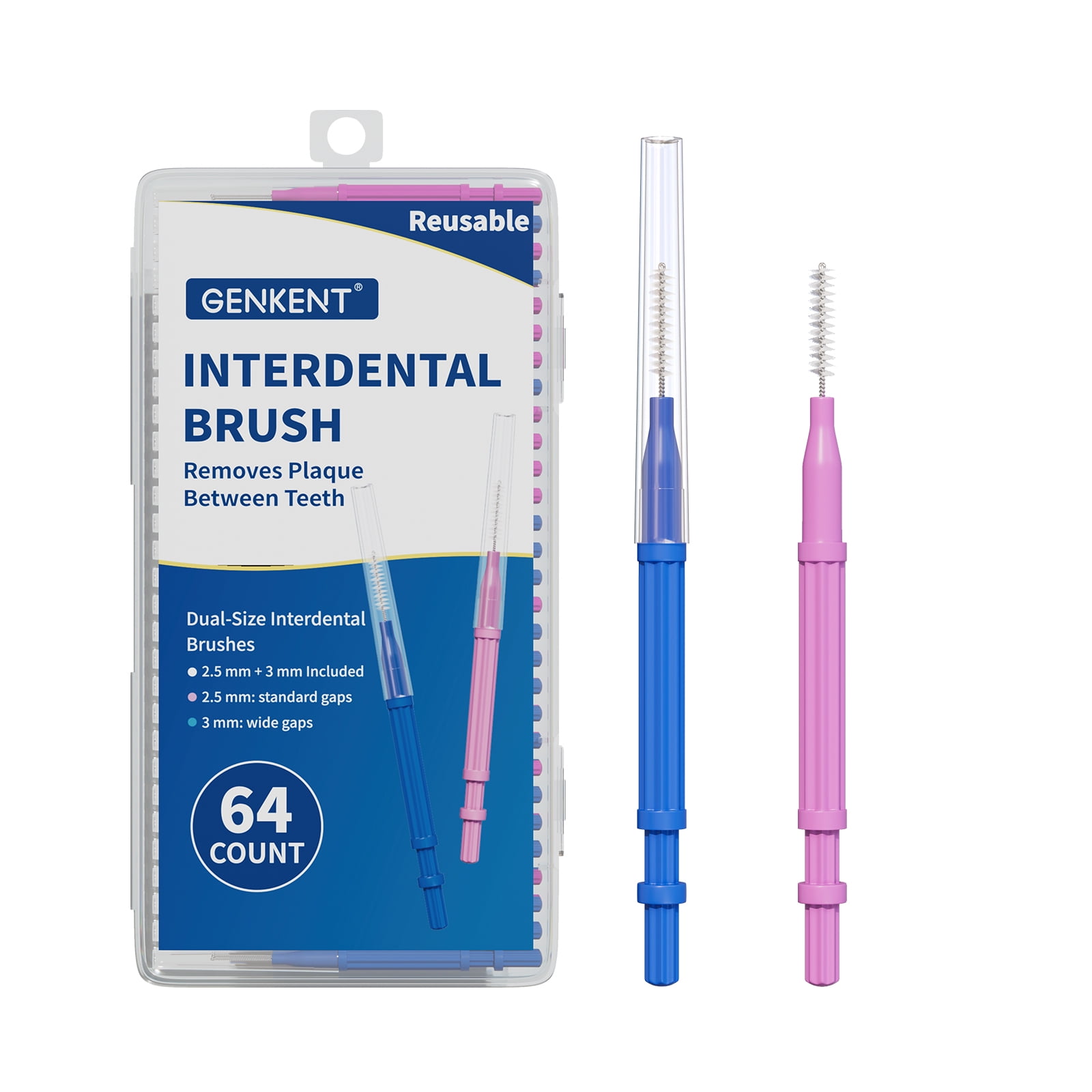 GENKENT Interdental Brush for Adult, Soft Bristled Interdental Cleaner Toothpicks for Teeth Cleaning & Plaque Removal, Safe for Braces & Dental Devices, (2.5mm+3mm) Total 64 Counts