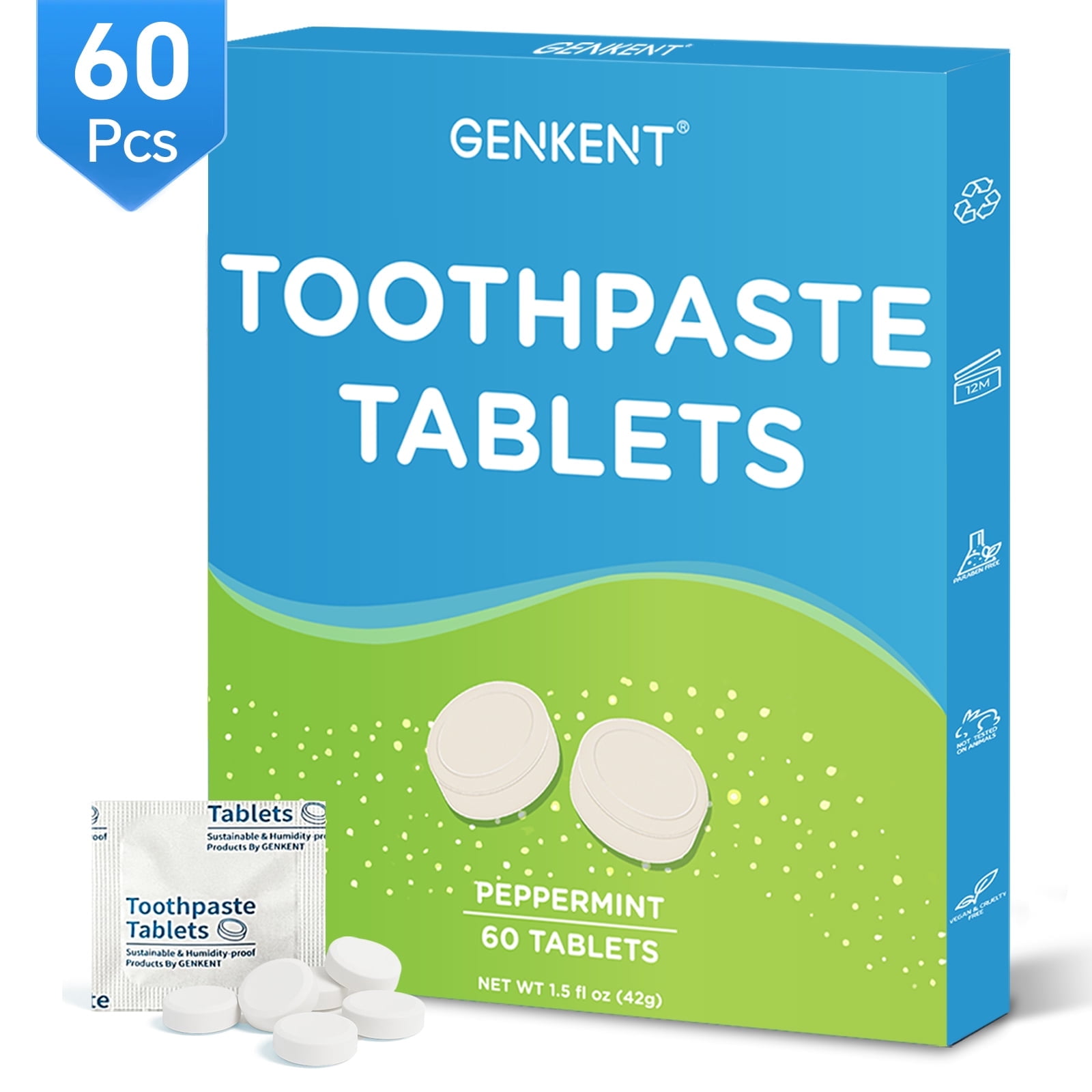GENKENT Teeth Whitening Toothpaste Tablets, Waterless Teeth Cleaning Toothpaste with Nano Hydroxyapatite (Peppermint), Freshen Breath & Eco-friendly, 60 Pcs