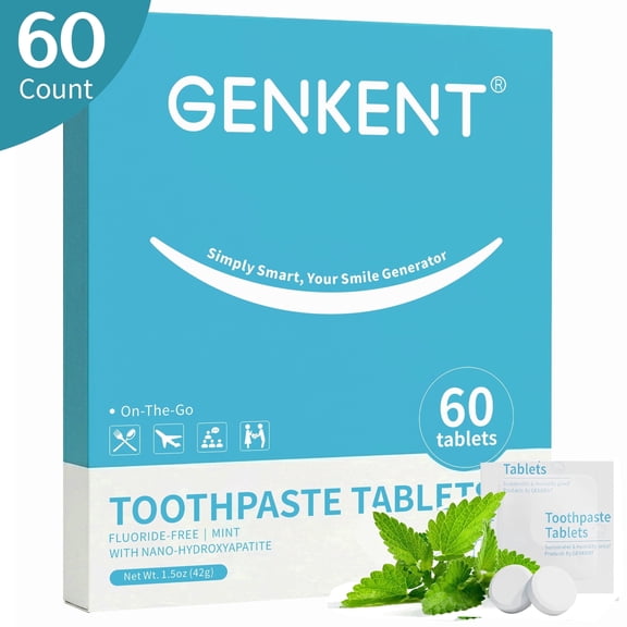 GENKENT Toothpaste Tablets with Hydroxyapatite, 60 Count Individually Wrapped Chewable Toothpaste Tablets, Fluoride-Free Travel Friendly, Peppermint Flavor